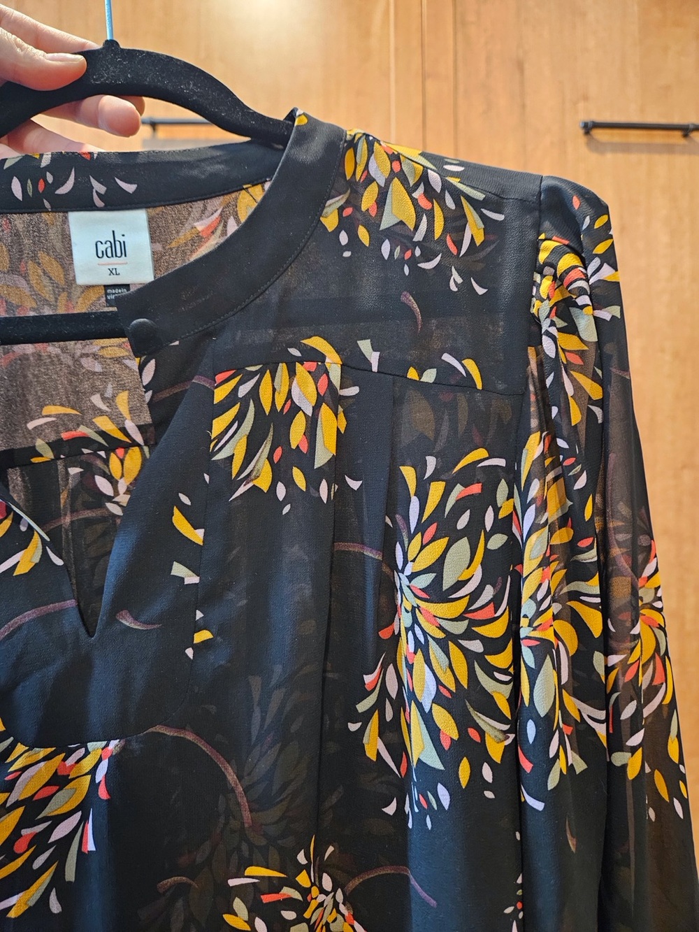 CAbi Black  Long Sleeve Sheer Blouse with Yellow & Pink Leaf Motif